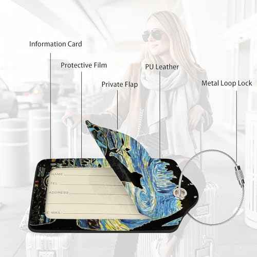 2 Pack Luggage Tags for suitcases Starry Night Cat TSA Approved Label Luggage Tag Baggage Tag Leather Stainless Steel Loop Label Tag for Men Women Travel Bag Suitcase (2 Count)