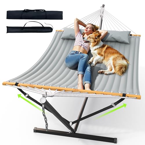 Double Hammock with Stand 500lbs Heavy Duty Outdoor Two Person Gray