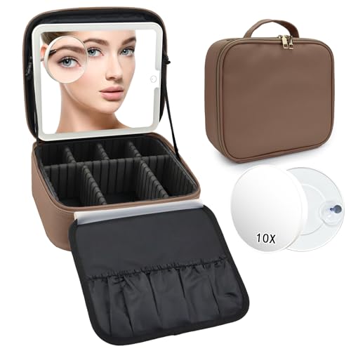 Travel Makeup Bag with LED Mirror and 10x magnifying glass with 3 Lighted Settings