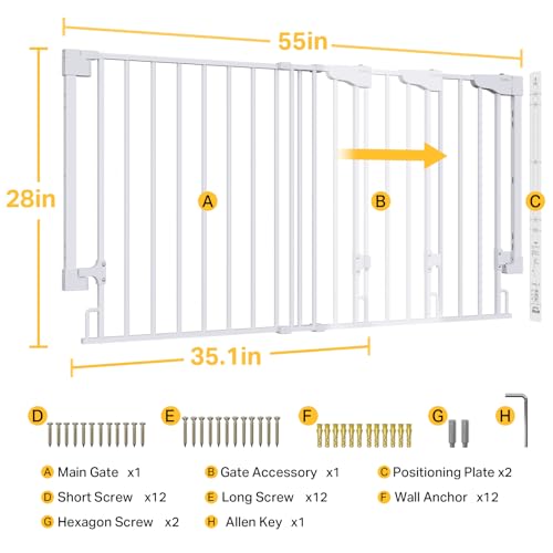 35.1 55" Extra Wide No Bottom Bar Baby Gate & Dog Gate for Stairs