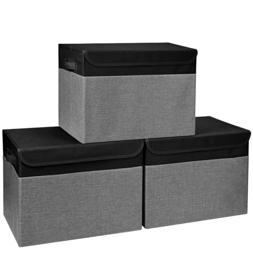 Large 17" 42 Quarts Collapsible Stackable Storage Bins with Lids [3 (3 Count)