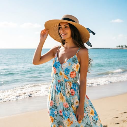 Women Wide Brim Bow Straw Hat Floppy Foldable Beach Sun Hat Roll up Cap UPF 50+
