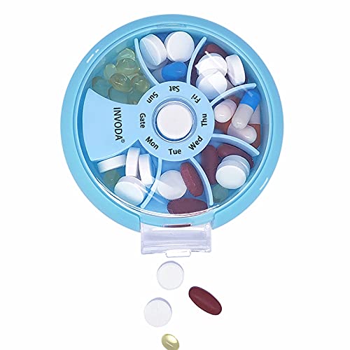 Weekly Pill Organizer 7 Compartment Rotating Pill Box for Daily (7 Count)