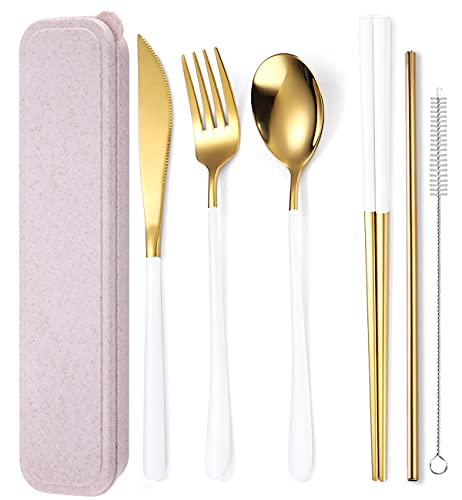 6 Pieces 18 8 Stainless Steel Flatware Set Portable Reusable Cutlery Set Travel Utensils Set Including Chopsticks Knife Fork Spoon Straws Cleaning Brush Dishwasher Safe (6 Count)