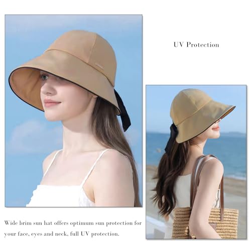 Wide Brim Hats for Woman Foldable Hats Sun Hats for Women uv Protection Bowknot Bucket hat Adjustable hat with Ponytail Hole Khaki