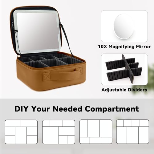 Travel Makeup Bag with LED Mirror and 10x magnifying glass with 3 Lighted Settings