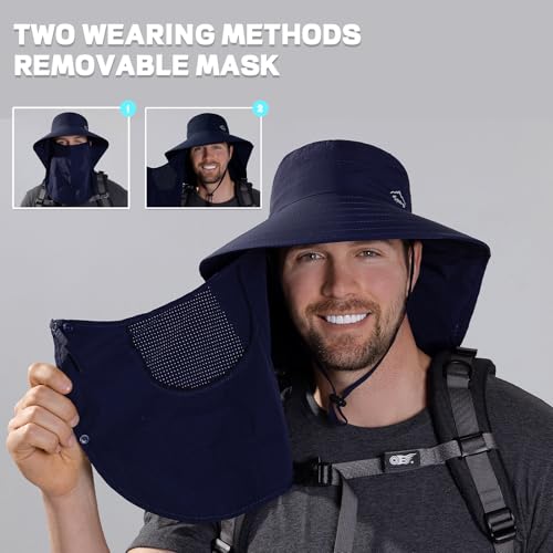 Sun Hat for Men Women with Neck Flap& Removable Face Cover Wide Brim