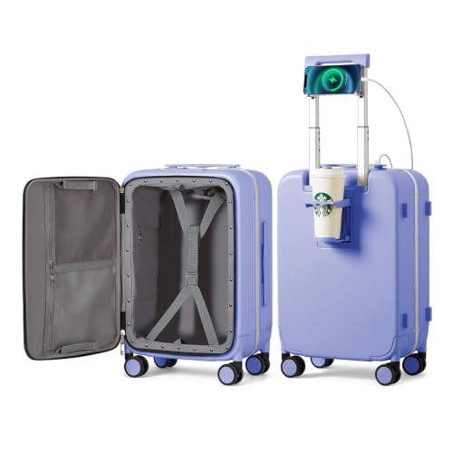 Carry On Luggage with Cup Phone Holder and Charger Hard Shell Suitcases with Spinner Wheels