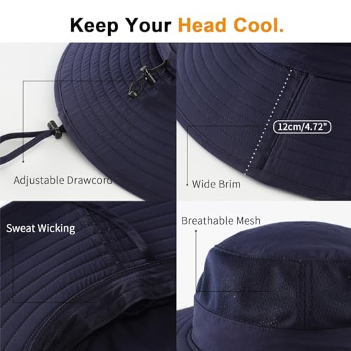 UPF50+ Mens Wide Brim Sun Hat Large Foldable Brim Bucket Hat for Fishing Gardening Womens UV Protection Hat Navy Blue