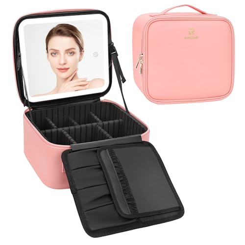 Travel Makeup Bag With LED Mirror Portable Travel Makeup Organizer 3 Color Adjustable Brightness Waterproof Cosmetic Train Case with Removable Dividers Makeup Storage for Women