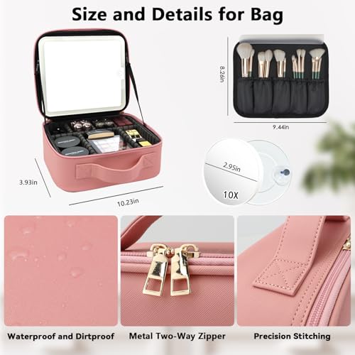 Travel Makeup Bag with LED Mirror and 10x magnifying glass with 3 Lighted Settings