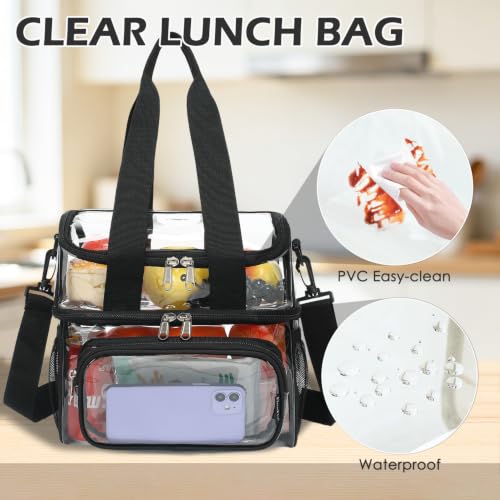 Clear Bag Double Decker Lunch Bag for Stadium Events Adult Large Transparent Tote for Men (Clear#Black)