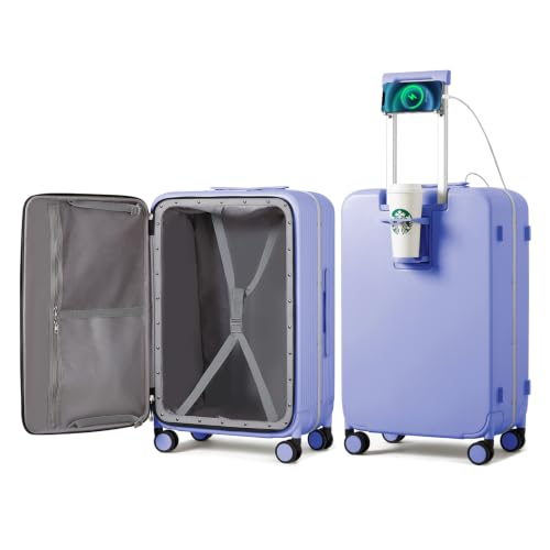 Large Checked Luggage with Cup Phone Holder and Charger Hard Shell Suitcases with Spinner Wheels