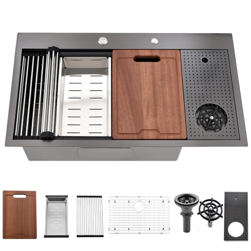 33x19 Black Drop In Kitchen Sink with Cup Washer Workstation Sink