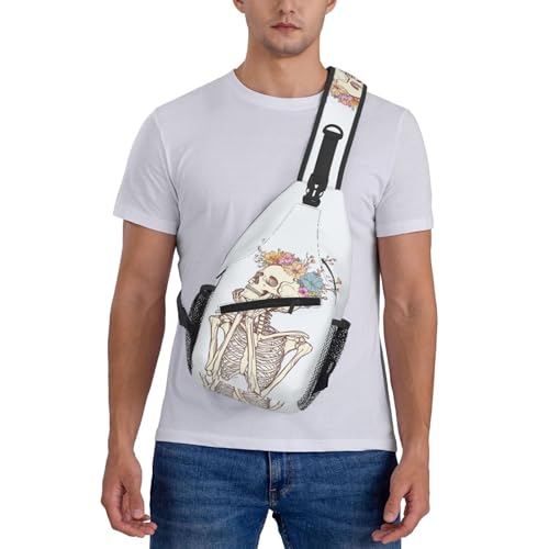 Sling Bag Skeleton Flower Skull Hiking Daypack Crossbody Shoulder Backpack Travel Chest Pack for Men Women