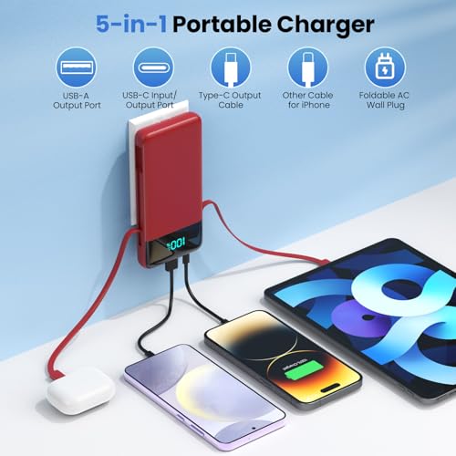 Portable Charger for iPhone with Built in Cables and Wall Plug