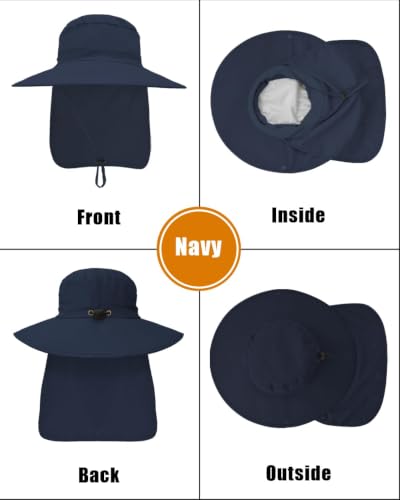 Outdoor Sun Hats with Stowable Neck Flap for Men Women UPF 50+ Mesh Summer Bucket Hat Wide Brim for Fishing Safari Hiking Navy Blue