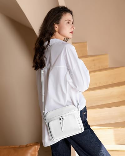 White Genuine Leather Crossbody Bags for Women Travel Wallet Purse