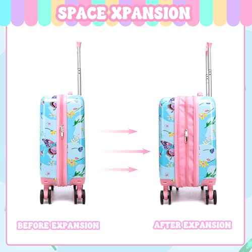 Kids Luggage Set 2 Pcs Carry On Rolling Suitcase with U shaped Pillow Butterfly Toddler Suitcase for Girls Hardside Luggage with Spinner Wheels Airline Approved (2 Count)