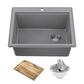 Bellucci 25 inch Granite Workstation Drop In Top Mount Single Bowl Kitchen Sink in Metallic Grey with Accessories