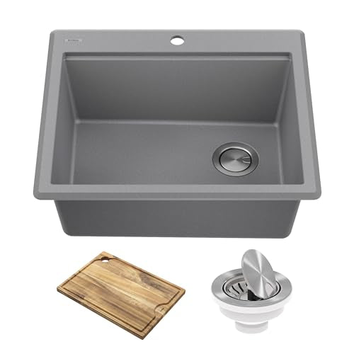 Bellucci 25 inch Granite Workstation Drop In Top Mount Single Bowl Kitchen Sink in Metallic Grey with Accessories