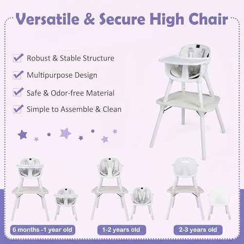 6-in-1 High Chair, Convertible Highchair for Babies and Toddlers/Kids Chair Table Set/Infant Feeding Chair w/Safety Harness, PU Leather Cushion & Removable Food Tray (White)
