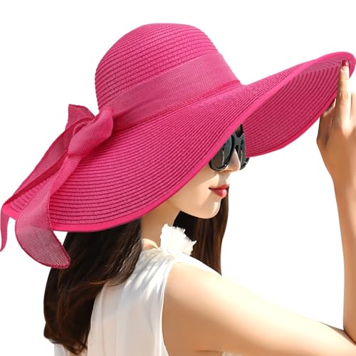 Womens Big Bowknot Straw Hat Foldable Sun Hats Floppy Beach Hat Large Roll up Cap UPF 50+