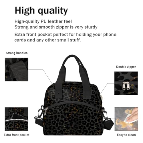 Black Leopard Cheetah Insulated Lunch Bag for Women Girl Reusable Lunch Tote Box With Shoulder Strap Lightweight Thermal Cooler Meal Prep Bag for Work School Office Picnic (B03:black Leopard)