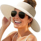 Womens Sun Hat with Ponytail Hole Wide Brim Beach Straw Visor Beige