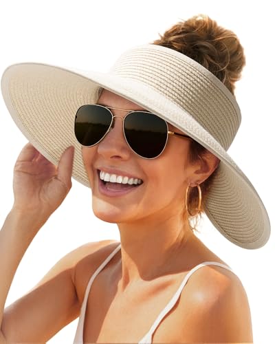 Womens Sun Hat with Ponytail Hole Wide Brim Beach Straw Visor Beige