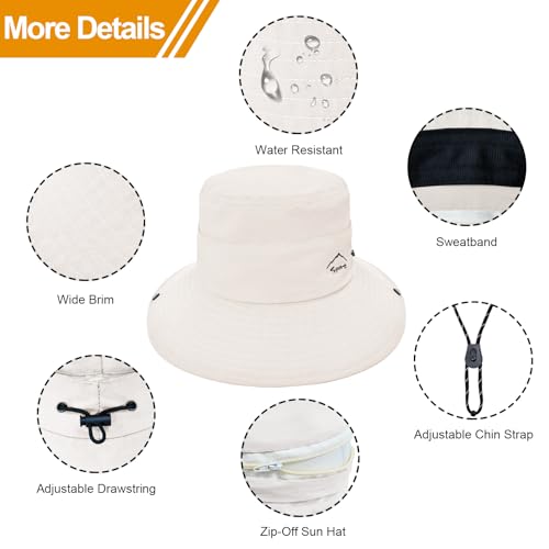 Sun Hats for Women Bucket Hat UV Protection Fishing Hat Wide Brim Safari Hats 2 in 1 Zip