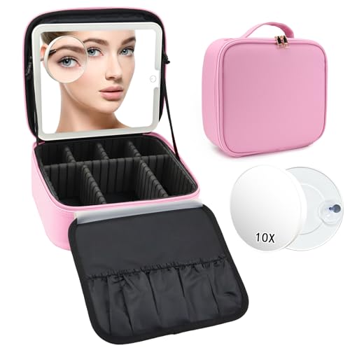 Travel Makeup Bag with LED Mirror and 10x magnifying glass with 3 Lighted Settings