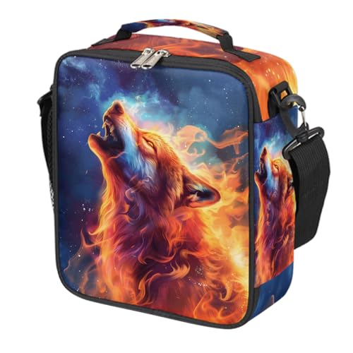 Wolf Fire Kids Lunch Box for Girls Boys Reusable Insulated Lunch Bag for Kids Toddler Thermal Cooler Spacious Lunchbox with Shoulder Strap Lunchbag for School Work Picnic (print 8)