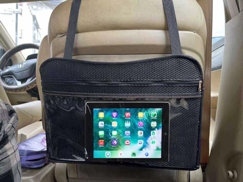 2-in-1 Kids Toddler Travel Tray & Back Seat Organizer — Foldable Waterproof Car Tray with Tablet Holder, Cup Holder, Storage Pockets for Road Trips & Airplane (Premium Black)