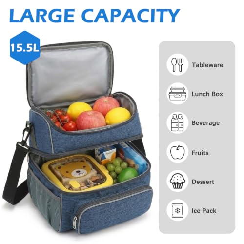 Double Layer Cooler Insulated Lunch Bag Adult Lunch Box Large Tote Bag for Men (Navy)