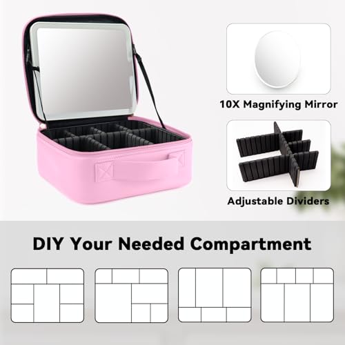 Travel Makeup Bag with LED Mirror and 10x magnifying glass with 3 Lighted Settings
