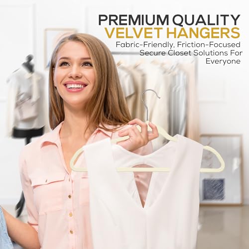 50 Pack New Premium Quality Velvet Hangers Ultra Thin Non Slip Adult Felt Space Saving Hangers for Closet Heavy Duty Coat Pants Jackets Dress Hangers 360° Swivel Hook Hold Upto 10 lbs Ivory (50 Count)