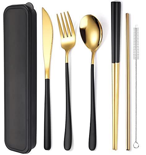 6 Pieces 18 8 Stainless Steel Flatware Set Portable Reusable Cutlery Set Travel Utensils Set Including Chopsticks Knife Fork Spoon Straws Cleaning Brush Dishwasher Safe