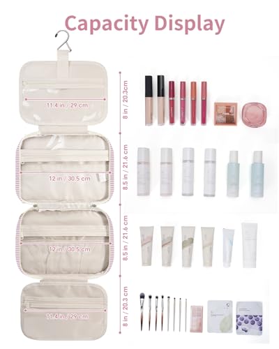 Striped Travel Toiletry Bag for Women Large Hanging Makeup Bag Organizer Toiletries Bag for Full Size Essentials Accessories Cosmetics
