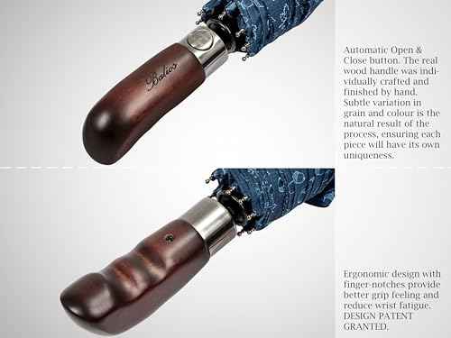 Folding Umbrella Real Wood Handle Maple Leaves Pageant Blue