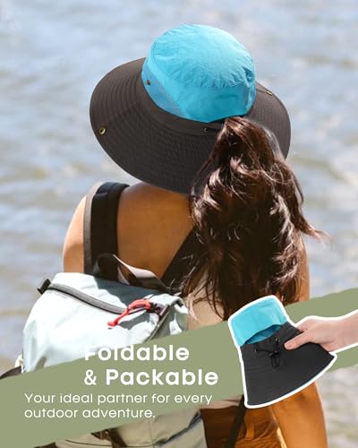 Womens Sun Hat with Ponytail Hole Beach Hiking Summer Wide Brim UPF 50+ Outdoor Protection Foldable Bucket Hat Blue