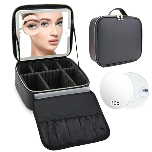 Travel Makeup Bag with LED Mirror and 10x magnifying glass with 3 Lighted Settings