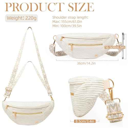 Beige Corduroy Crossbody Bag Women Vintage Boho Fanny Pack with Gold Zipper