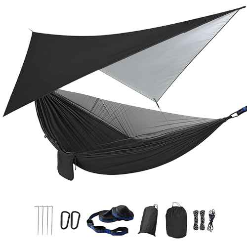 Camping Hammock with Rain Fly Tarp Mosquito Net Heavy Duty Tree Straps Portable Double Parachute Hammocks Tent Waterproof Rainfly Set