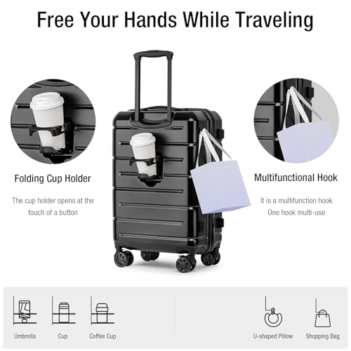 Carry On Luggage 22x14x9 Airline Approved Hardshell Carry On Suitcases with Wheels Travel Rolling 20 Inch Luggage with Cup Holder for Men Women