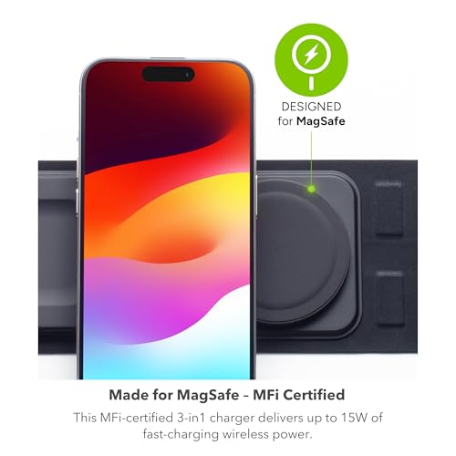 3-in-1 Travel Charger v2 with MagSafe - Portable Wireless Charging Hub, Compatible with Apple Devices, iPhone 17/16/15/14/13/12, Apple Watch Series 11 to 1 & Ultra, AirPods Pro/3rd Gen, Black