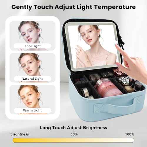 Travel Makeup Bag with LED Mirror and Light Travel Makeup Case Cosmetic Organizer Portable Cosmetic Brush Organizer Bag with Adjustable Dividers for Cosmetics Makeup Brushes Toiletry