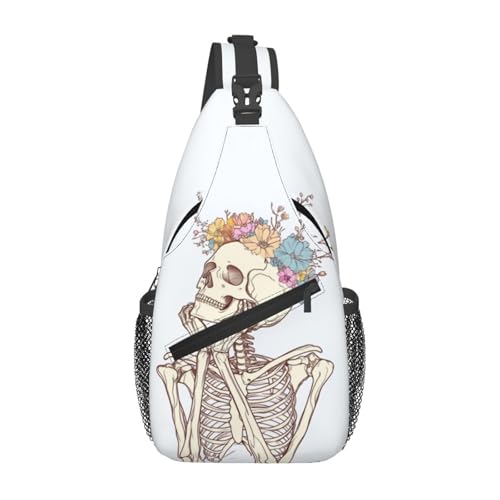 Sling Bag Skeleton Flower Skull Hiking Daypack Crossbody Shoulder Backpack Travel Chest Pack for Men Women