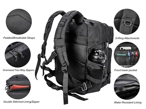 Military Tactical Backpack for Men and Women 45L Army 3 Days Assault Pack Bag Large Rucksack with Molle System Jet Black