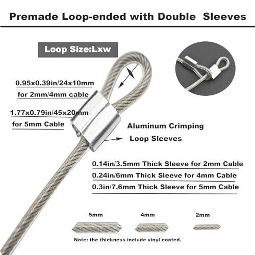 5 Pcs 5mm Wire 24 inch Vinyl Coated Stainless Steel Cable with Loops Short Wire Rope Lanyard Lock Security Chain Link for Outdoor Gates (5 Count)